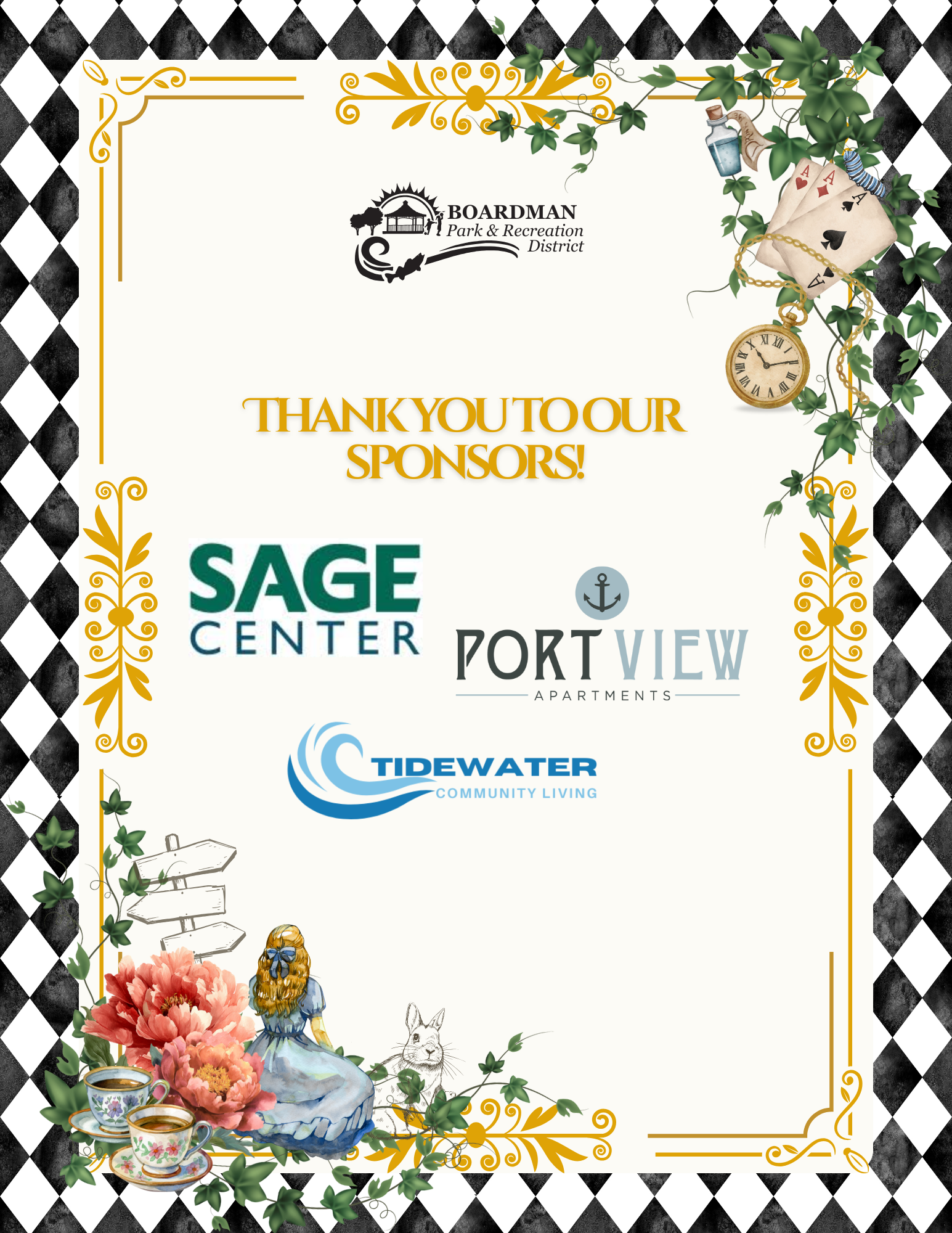 The image expresses gratitude to sponsors for the Boardman Park & Recreation District, featuring their logos and decorative elements.