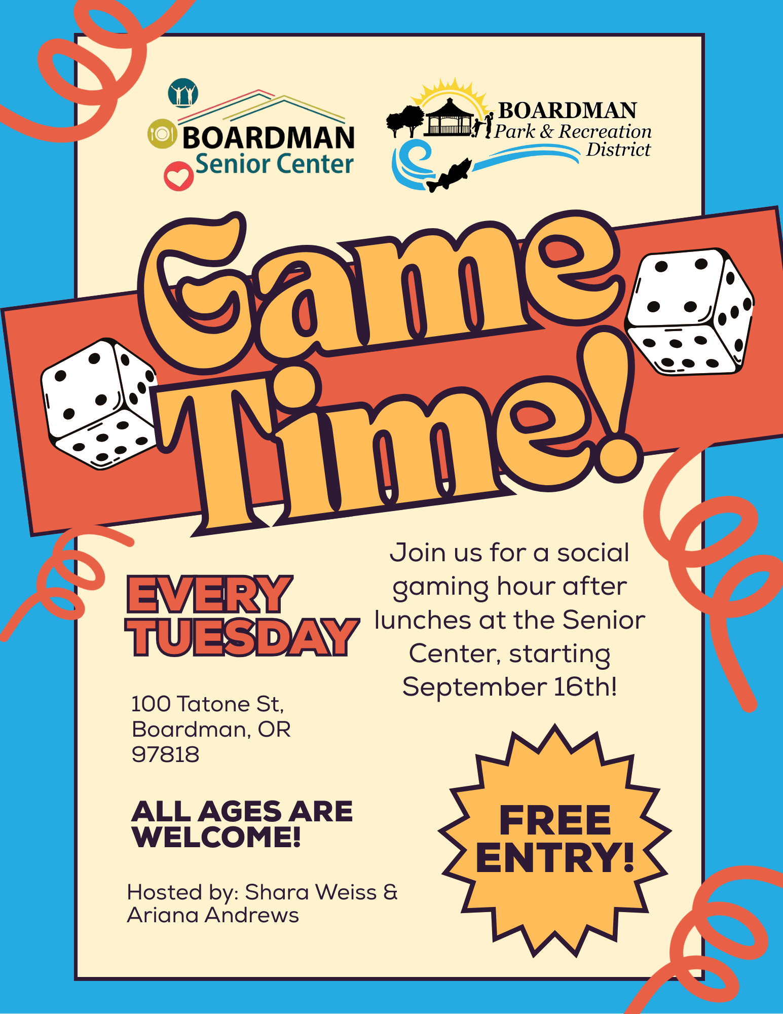 Game event at Boardman Senior Center, every Tuesday post-lunch. All ages, free entry, starting September 16th. Hosted by Shara Weiss and Ariana Andrews.