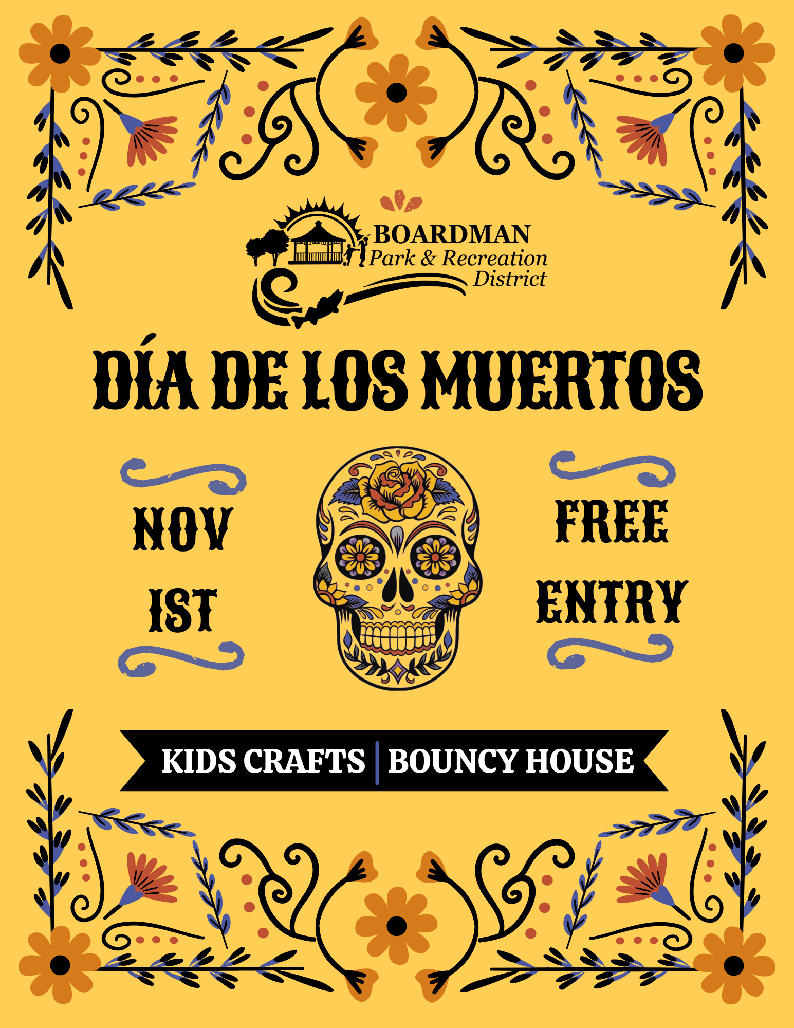 Boardman Park's Día de los Muertos celebration on Nov 1st. Free entry with kids' crafts and a bouncy house!