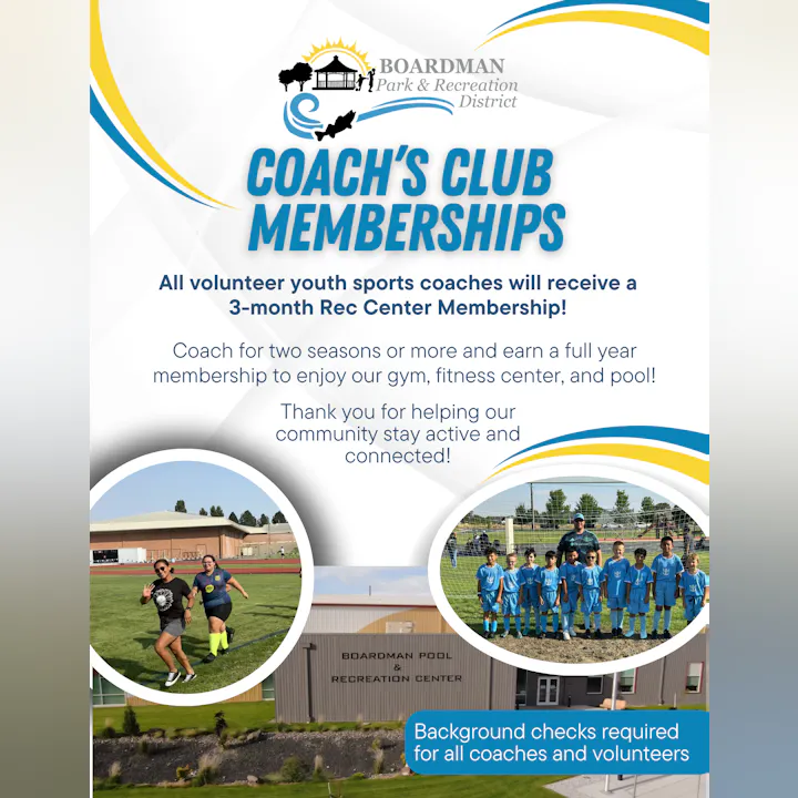 Volunteer youth sports coaches earn a 3-month Rec Center membership by coaching two seasons or more. Background checks required.