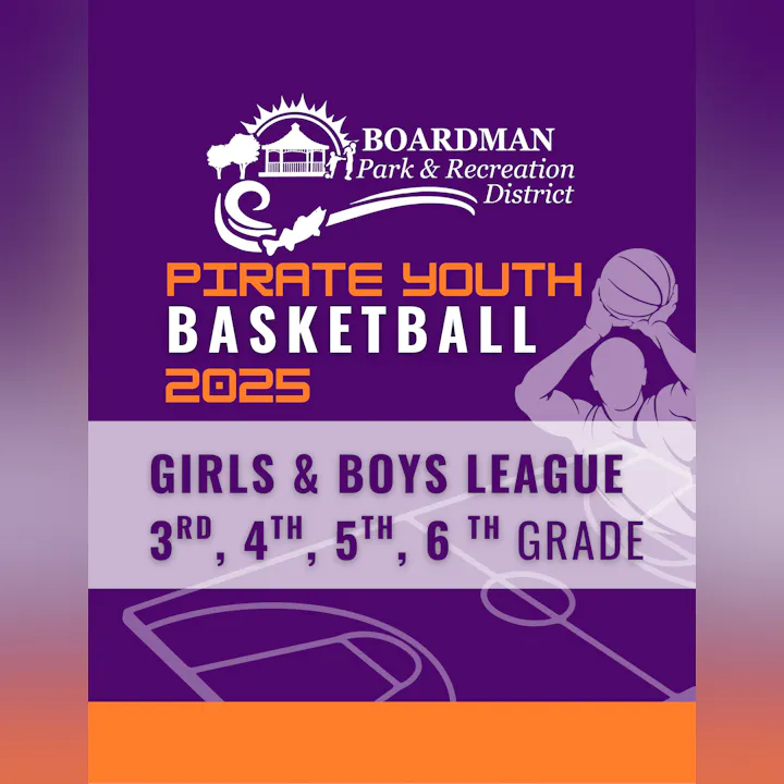 Boardman Park & Rec District 2025 Pirate Youth Basketball for 3rd-6th grade girls and boys.