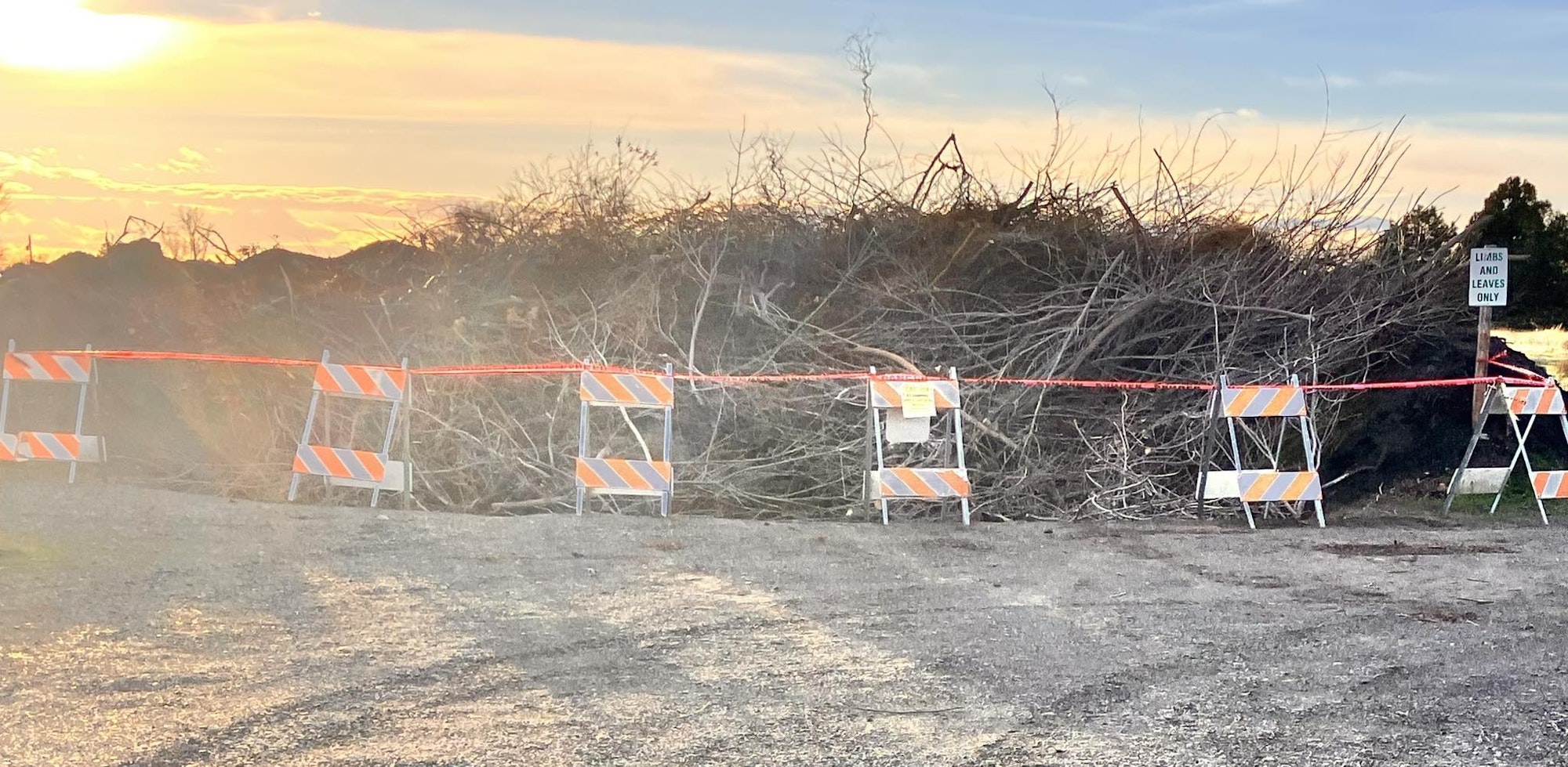 The image shows piled branches and debris, cordoned off with orange barricades and warning signs, under a sunset sky.