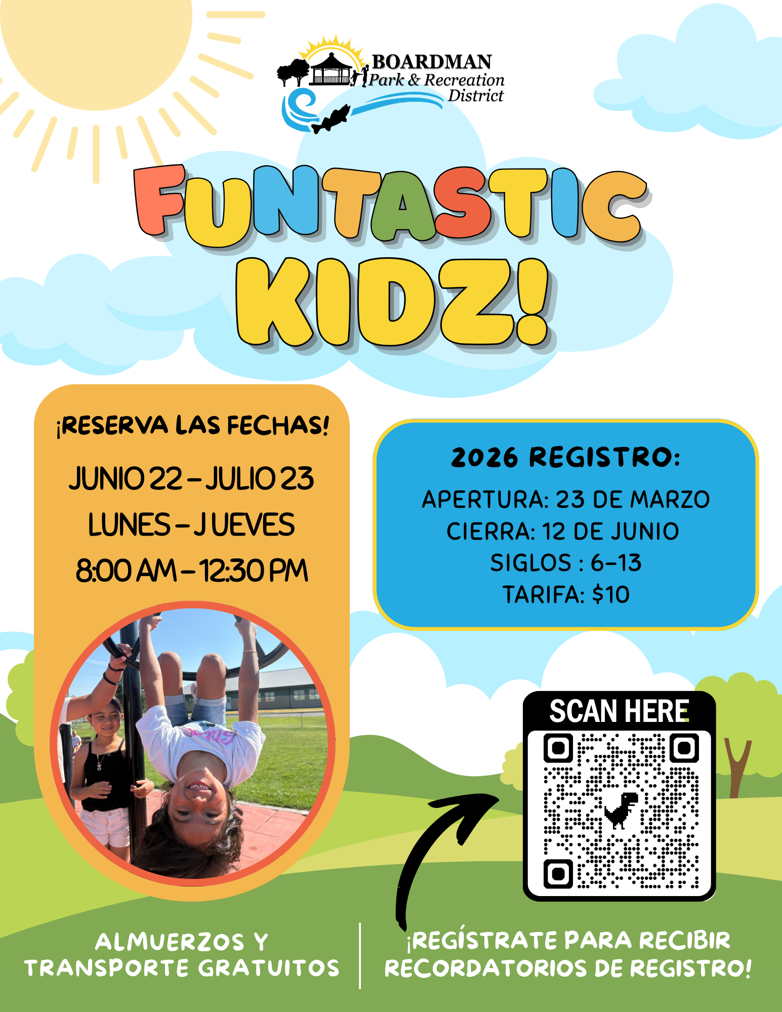 Promotional flyer for "Funtastic Kidz!" program: June 22 - July 23, Mon-Thu, 8 AM - 12:30 PM. Registration opens March 23. Cost: $10.