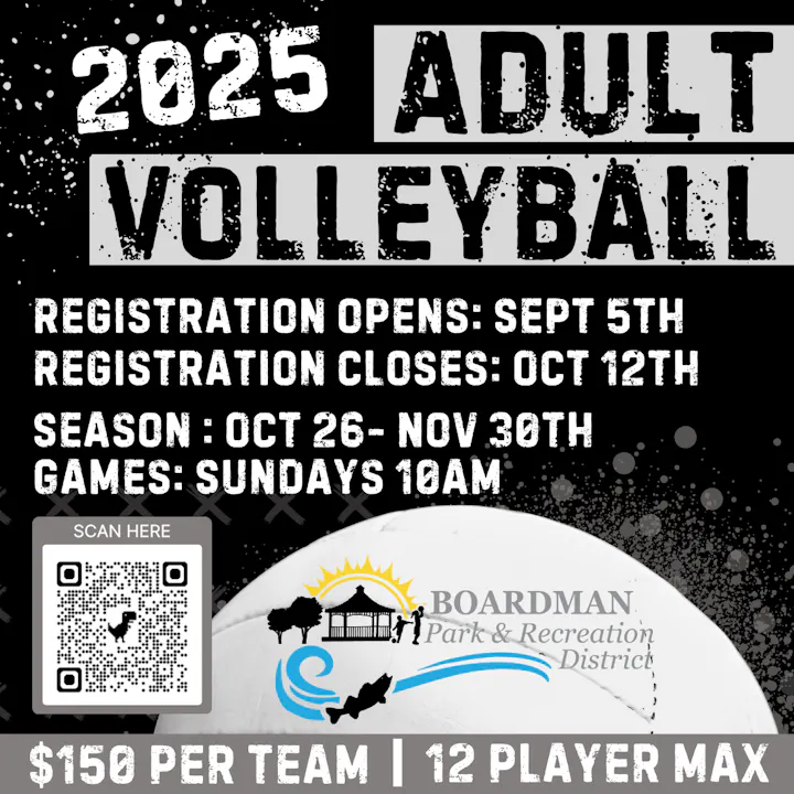 Adult volleyball league 2025. Registration: Sep 5-Oct 12. Season: Oct 26-Nov 30, Sundays 10AM. $150/team, 12 players max.