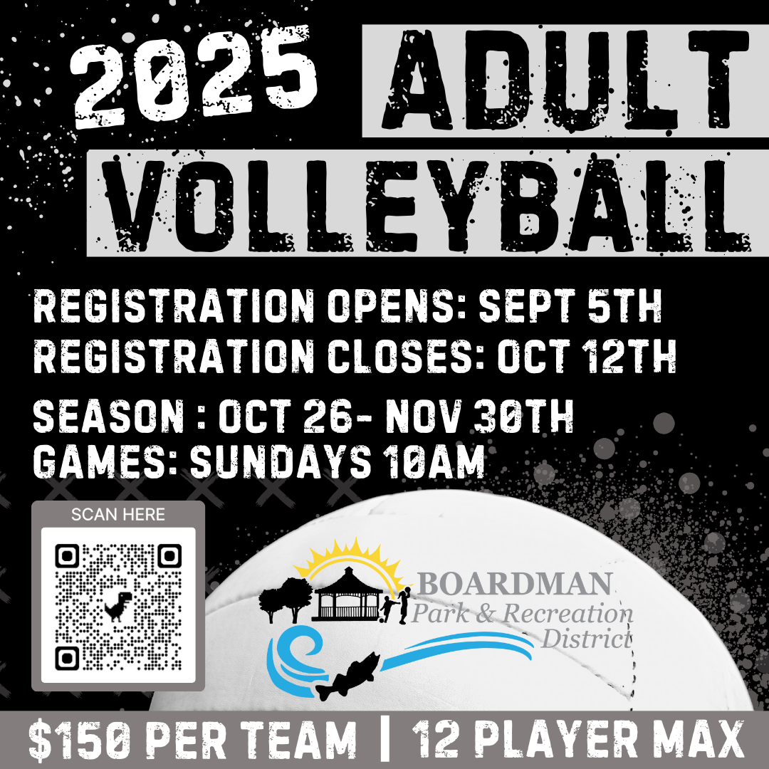 Adult volleyball league 2025. Registration: Sep 5-Oct 12. Season: Oct 26-Nov 30, Sundays 10AM. $150/team, 12 players max.