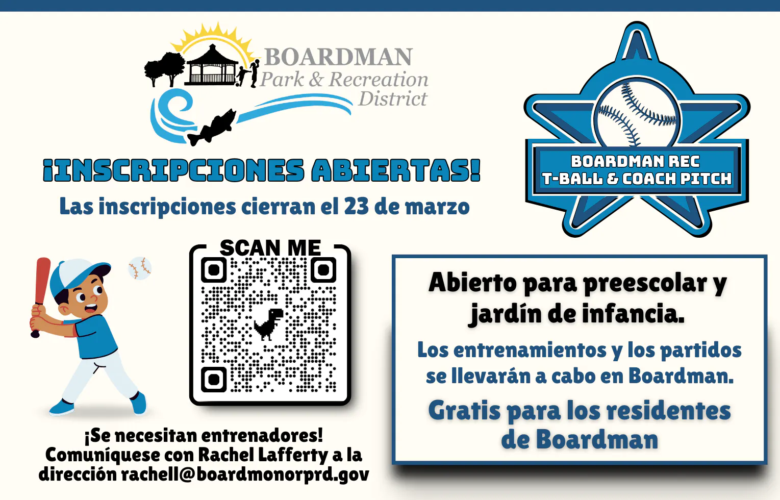 This image promotes open registrations for T-Ball and softball in Boardman, with deadlines and contact info for coaches.