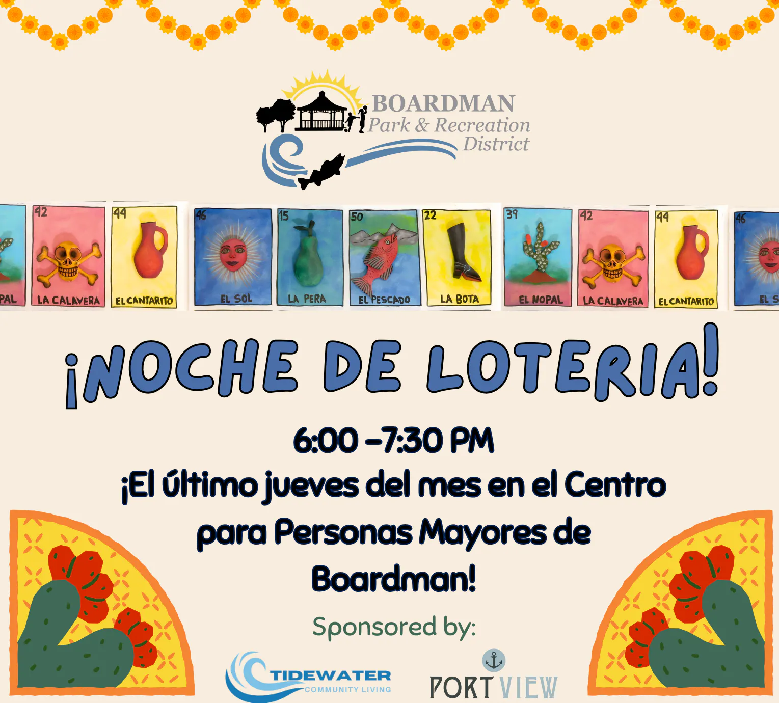 Announcement for "Noche de Loteria" at Boardman Park, last Thursday of the month, 6:00-7:30 PM. Sponsored by Tidewater & Port View.