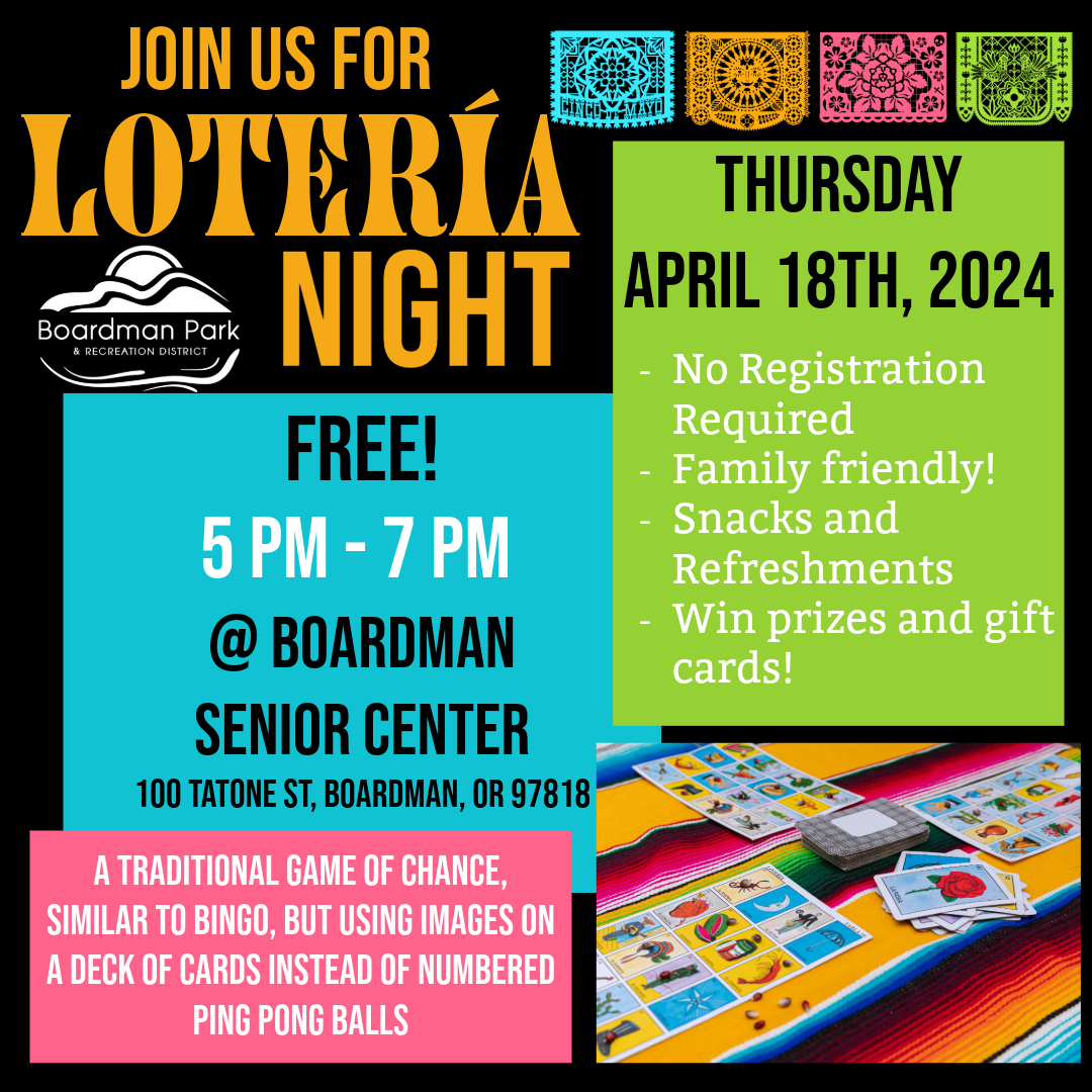 A colorful flyer for a free Lotería night event on April 18th, 2024, details with time and events are listed below