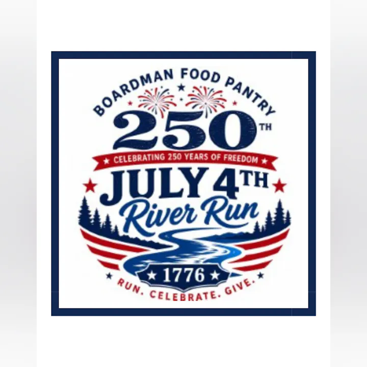 Logo for Boardman Food Pantry's July 4th River Run, celebrating 250 years of freedom, promoting running and community giving.
