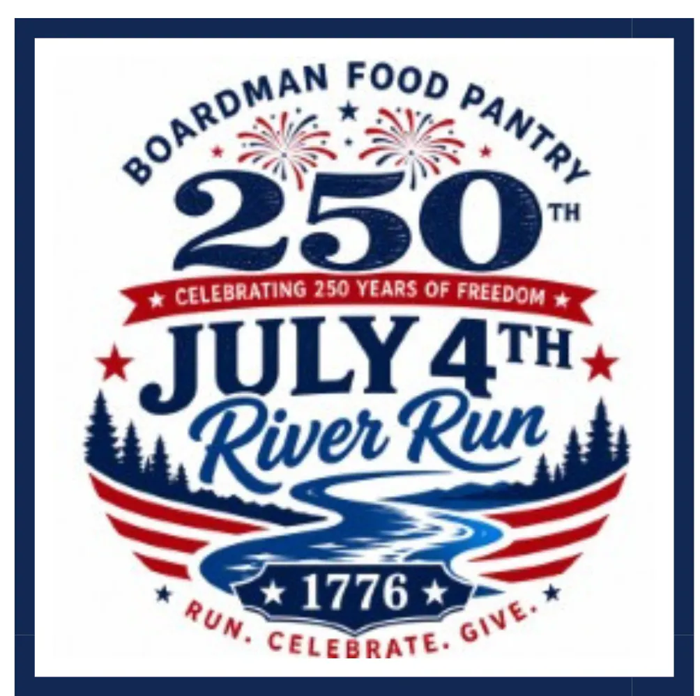 Logo for Boardman Food Pantry's July 4th River Run, celebrating 250 years of freedom, promoting running and community giving.