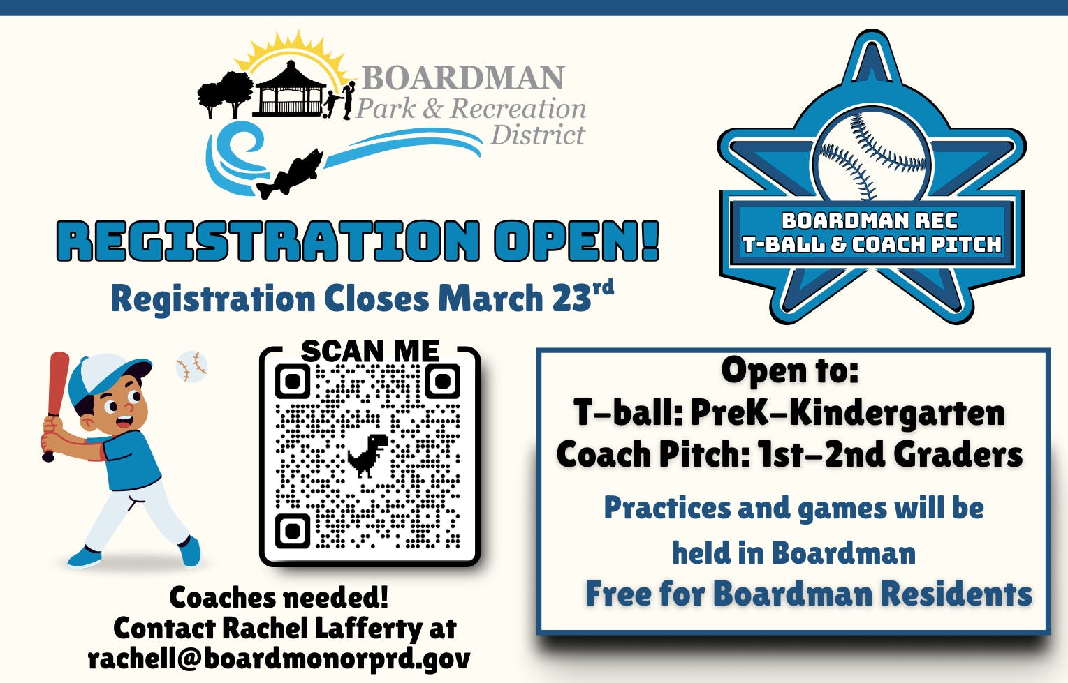 Two youth baseball registrations: Boardman T-ball (closes March 23) and Columbia Little League (closes March 15). Free for residents!
