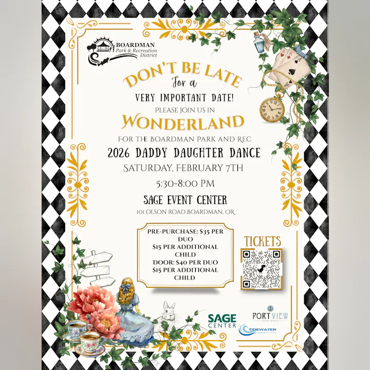 Boardman Daddy-Daughter Dance on Feb 7, 2026, at Sage Event Center, 5:30-8 PM. Pre-purchase tickets available.