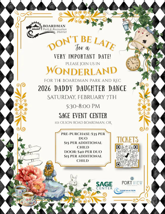 Boardman Daddy-Daughter Dance on Feb 7, 2026, at Sage Event Center, 5:30-8 PM. Pre-purchase tickets available.