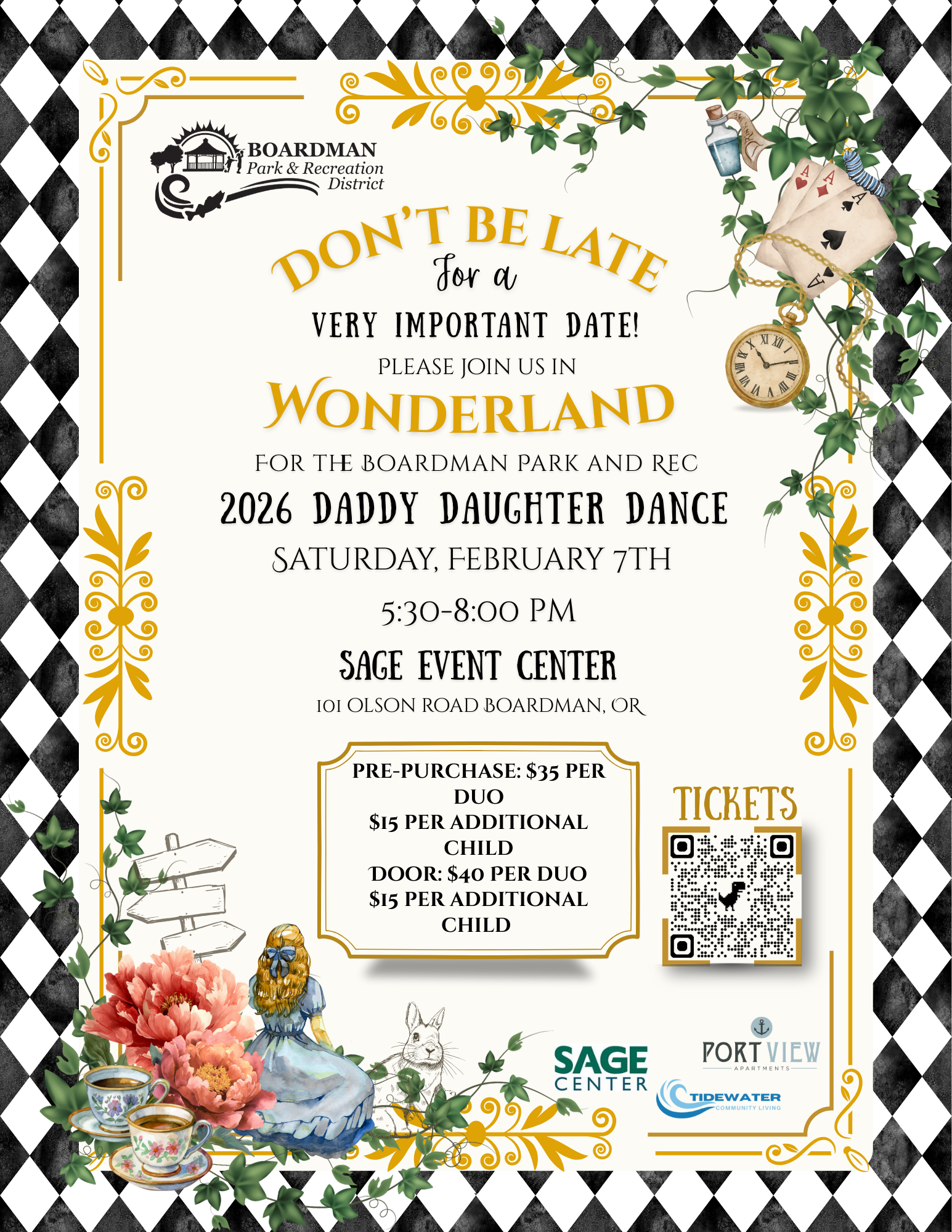 Boardman Daddy-Daughter Dance on Feb 7, 2026, at Sage Event Center, 5:30-8 PM. Pre-purchase tickets available.