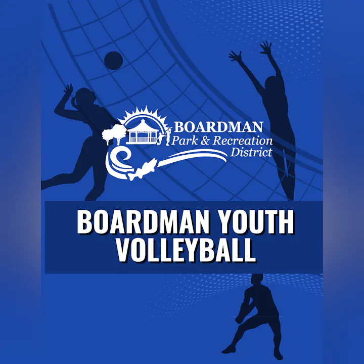 The image promotes "Boardman Youth Volleyball" and features silhouettes of players against a blue background, highlighting the park district.