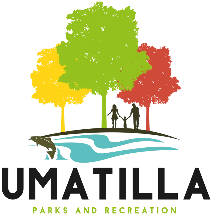 The image features a logo for Umatilla Parks and Recreation, depicting colorful trees, a river, and silhouettes of people.
