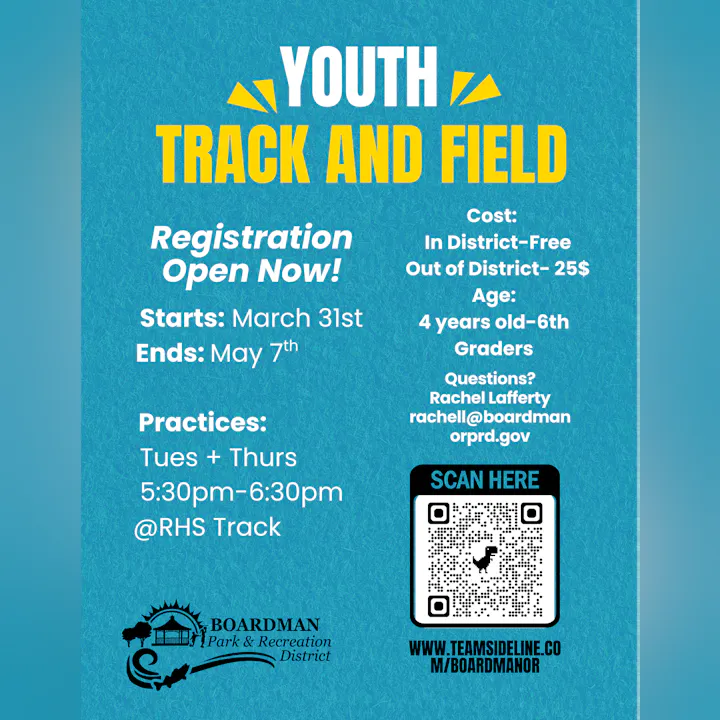 Registration for youth track and field in Boardman is open! Practices start March 31, for ages 4-6th graders.