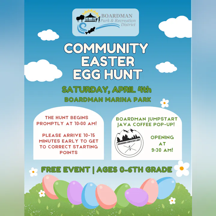 Community Easter Egg Hunt on April 4th at Boardman Marina Park. Starts at 10 AM; arrive early! Free event for ages 0-6th grade.