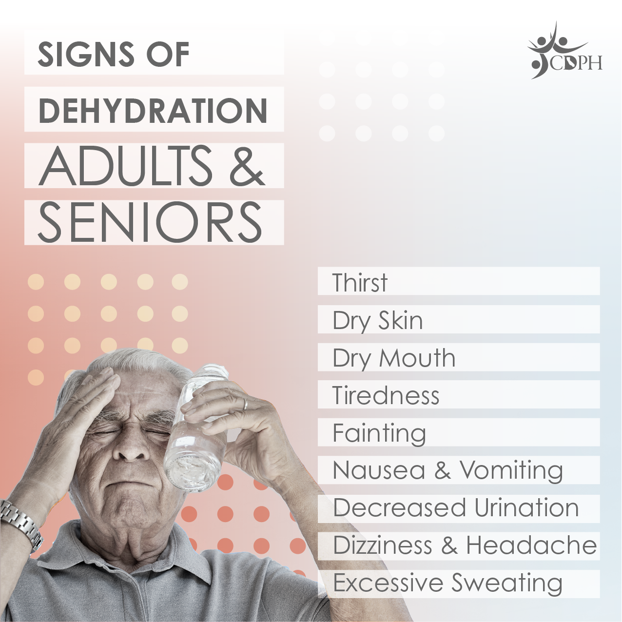 An infographic listing signs of dehydration in adults and seniors, with an image of an elderly man holding a water bottle.