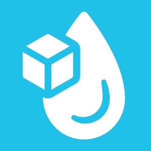 A stylized blue flame with a white cube and droplet icon in the center.