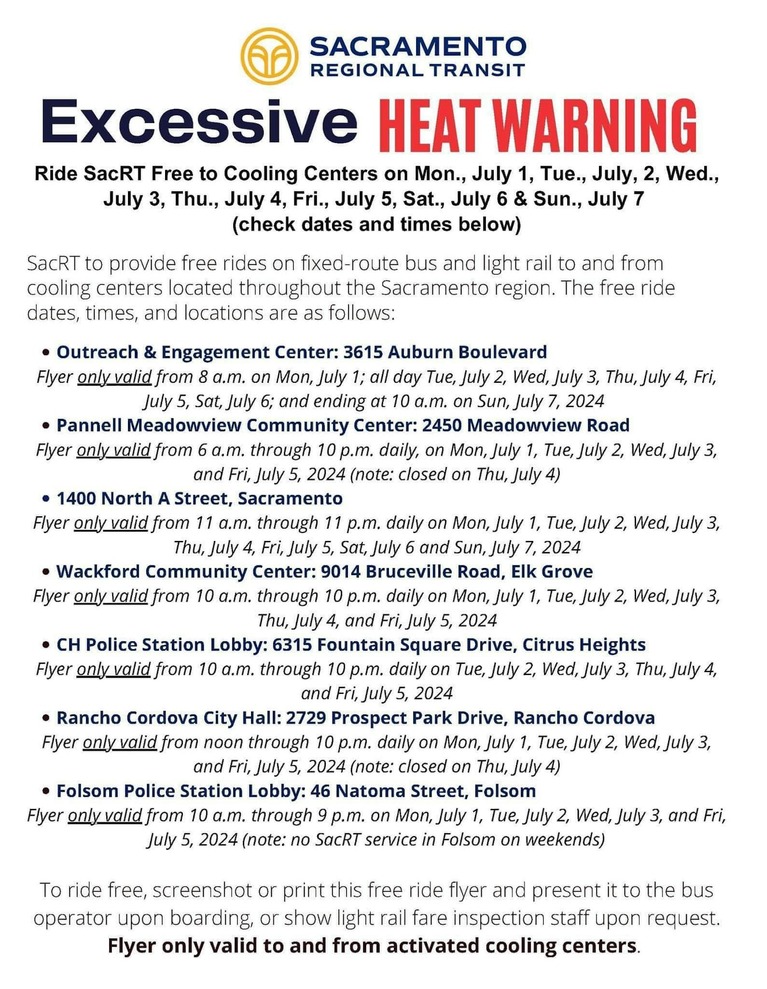 It's a public notice offering free rides to cooling centers during an excessive heat warning in the Sacramento region.