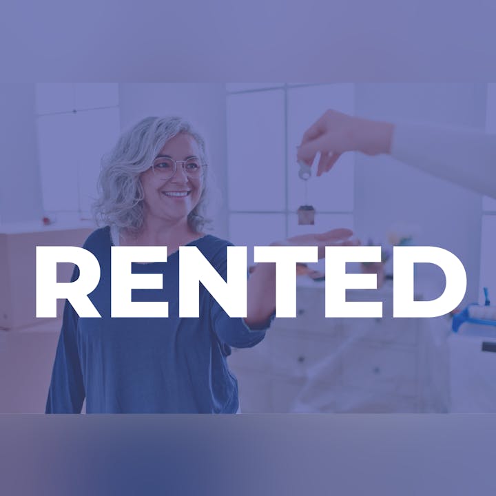 A smiling woman receives keys; the large text "RENTED" is overlaid.