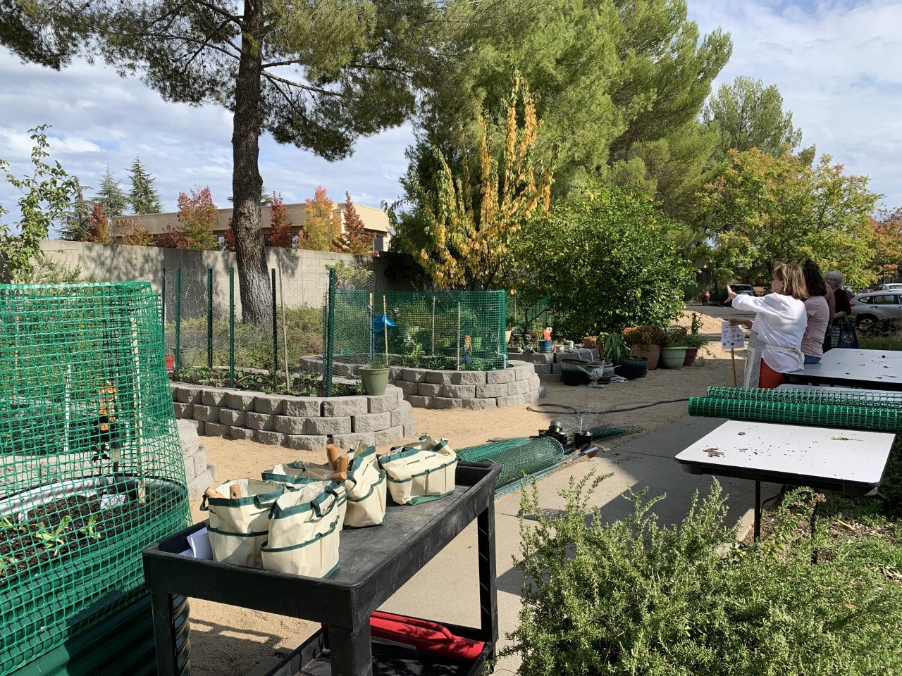 A garden with trees, raised beds, netting, tools on tables, and people observing the area.