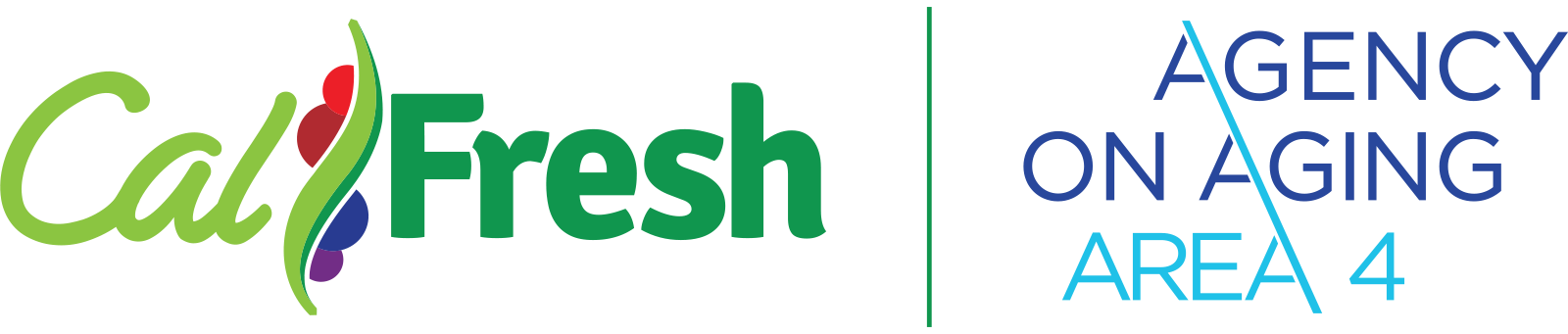 The image displays logos for "CalFresh" and "AGENCY ON AGING AREA 4" with colorful designs.
