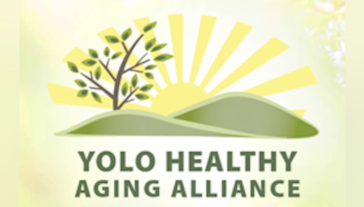 Logo with a tree, sun rays, hills, and "YOLO HEALTHY AGING ALLIANCE" text.