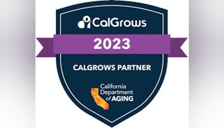 A badge with "CalGrows 2023" and "CALGROWS PARTNER" texts, the California Department of Aging logo, and an outline of California state.