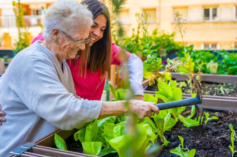 Elderly woman gardening with young woman, both smiling, in urban garden beds.