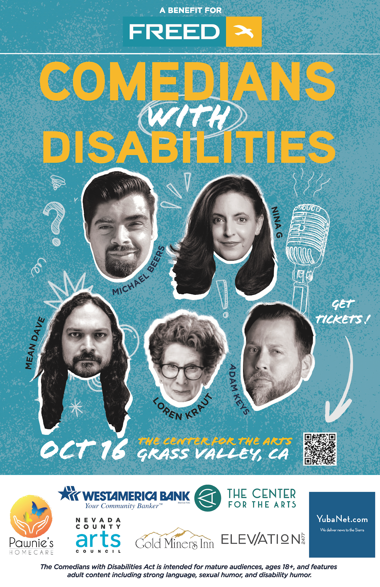 A colorful poster promoting a comedy event featuring comedians with disabilities, comprising headshots and event details.