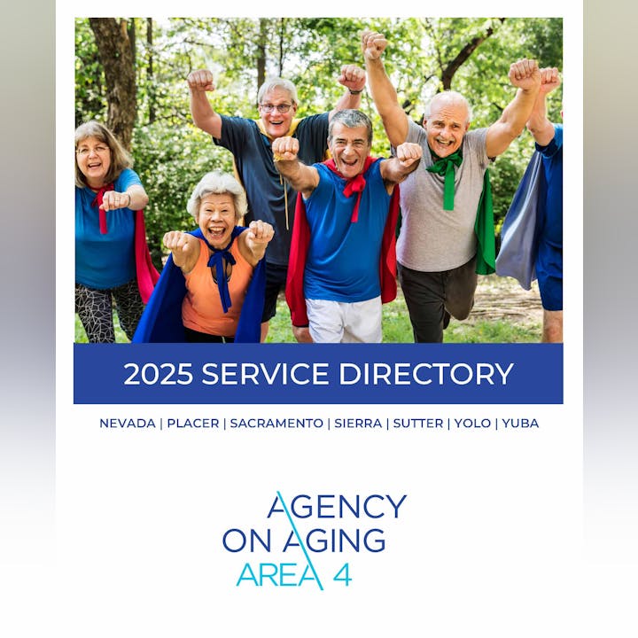 Seniors with superhero capes smiling joyfully, promoting the 2025 Service Directory for Agency on Aging Area 4.