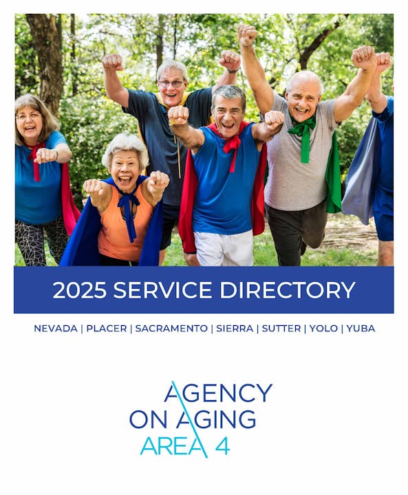 Seniors with superhero capes smiling joyfully, promoting the 2025 Service Directory for Agency on Aging Area 4.