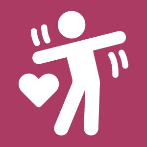 Icon of a person dancing with a heart symbol, possibly representing a love for dancing or a dance-related campaign.