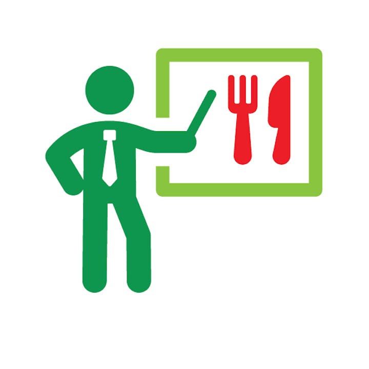 Icon of a person with a tie presenting a board with a knife and fork symbol, likely indicating a dining area or restaurant info.