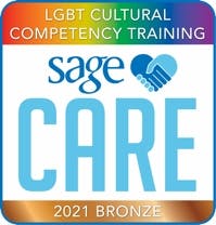 An emblem for LGBT Cultural Competency Training called SAGECare, with a bronze label for 2021.