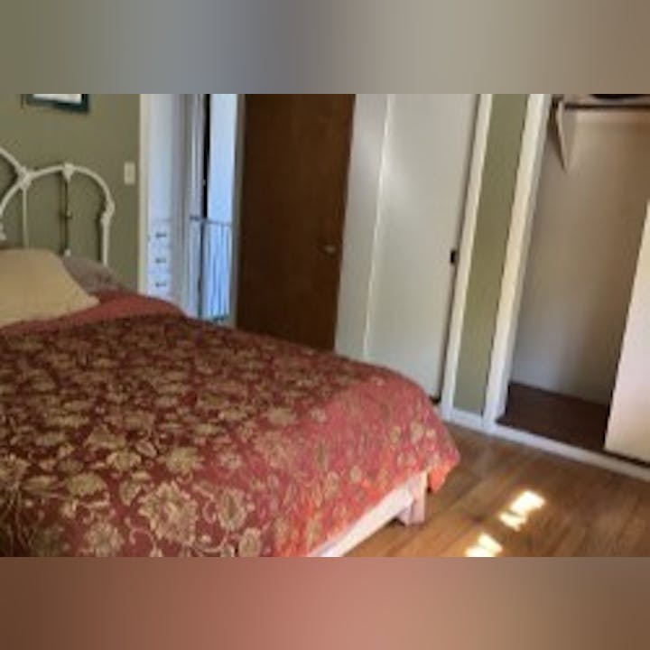 A bedroom with a red patterned bedspread, an open closet, and a closed wooden door.