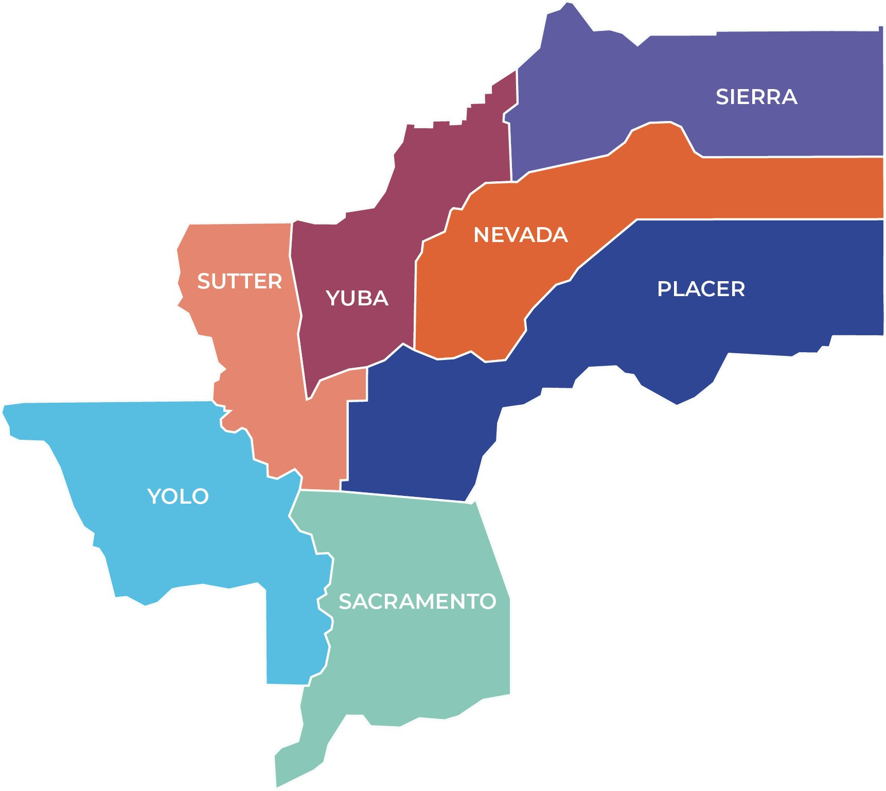 Color-coded map showing various counties such as Yolo, Sacramento, Sutter, Yuba, Nevada, Placer, and Sierra.