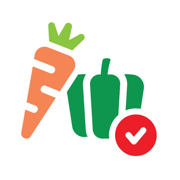 Illustration of a carrot, bell pepper, and a check mark, possibly indicating approved or healthy food choices.