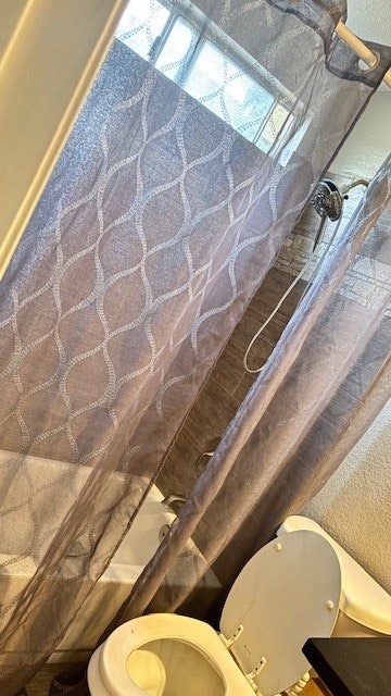 The image shows a bathroom with a shower curtain, bathtub, showerhead, and a toilet.