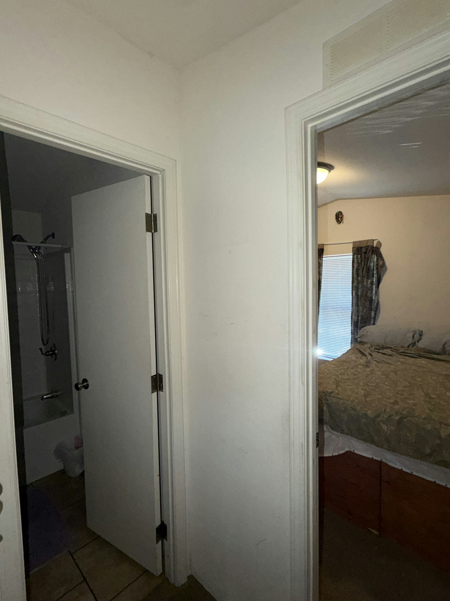 The image shows a view through a doorway, revealing a bedroom with a bed and a bathroom area with a shower.