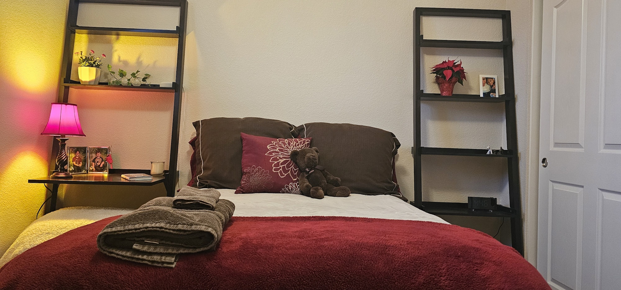 Cozy bedroom with red bedspread, teddy bear, shelves, potted plants, red lamp, and framed photos.