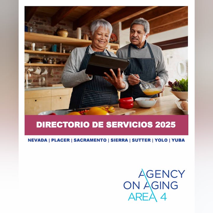Two people cooking, using a tablet. Text: "Directorio de Servicios 2025" by Agency on Aging Area 4.