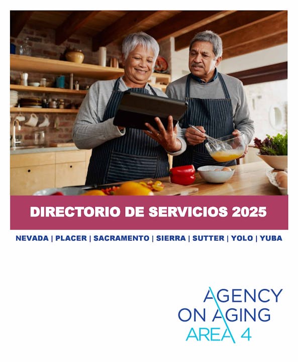 Two people cooking, using a tablet. Text: "Directorio de Servicios 2025" by Agency on Aging Area 4.