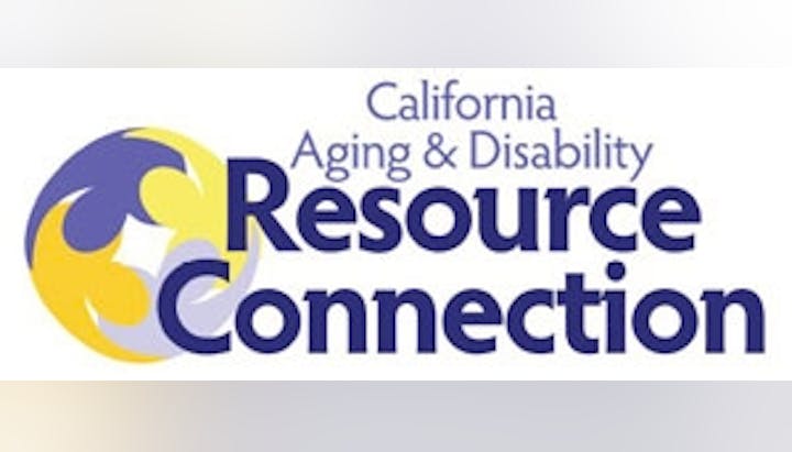 A logo for "California Aging & Disability Resource Connection" with stylized graphics in blue and yellow.