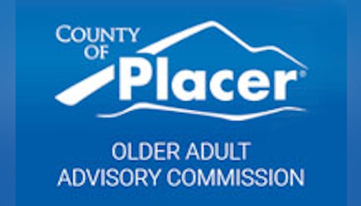 A logo for the "County of Placer Older Adult Advisory Commission" with a graphic of mountain peaks.