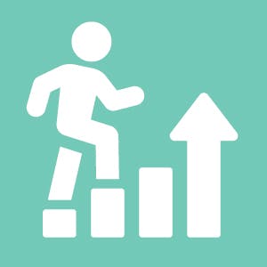 A stick figure climbing steps with an arrow pointing upwards, likely symbolizing progress or improvement.