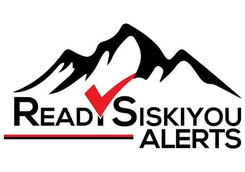 A logo with a mountain, a red checkmark, and the words "Ready SISKIYOU ALERTS."