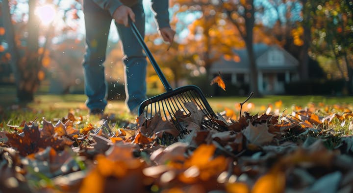 Person raking fallen leaves on a sunny day with a house in the background.
